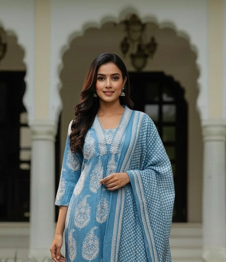 Ebbani Women’s Cotton Floral Sky Blue Kurta Set with Dupatta
