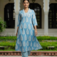 Ebbani Women’s Cotton Floral Sky Blue Kurta Set with Dupatta
