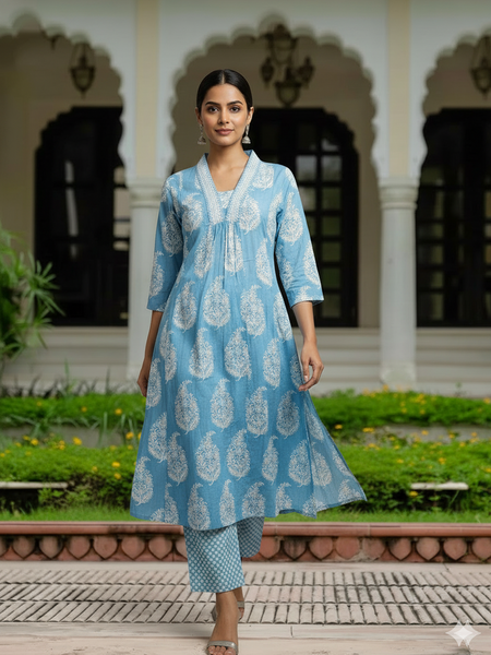 Ebbani Women’s Cotton Floral Sky Blue Kurta Set with Dupatta