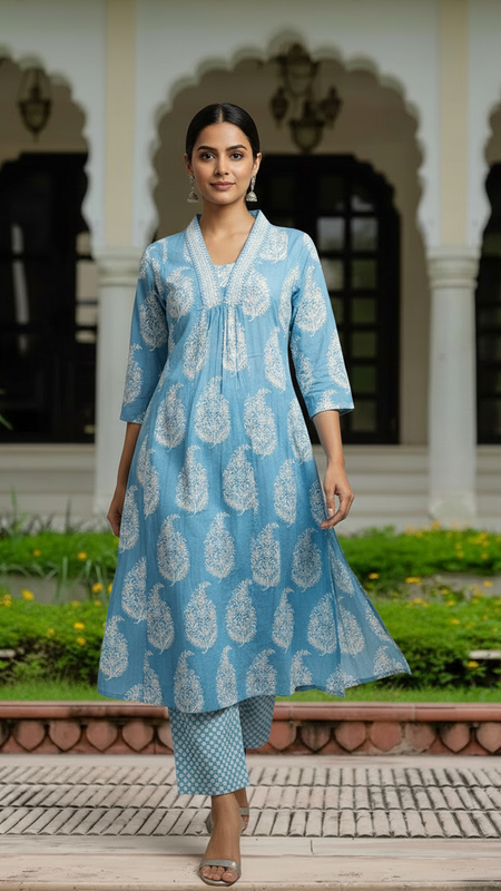 Ebbani Women’s Cotton Floral Sky Blue Kurta Set with Dupatta