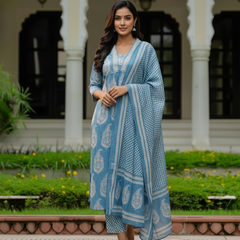 Ebbani Women’s Cotton Floral Sky Blue Kurta Set with Dupatta