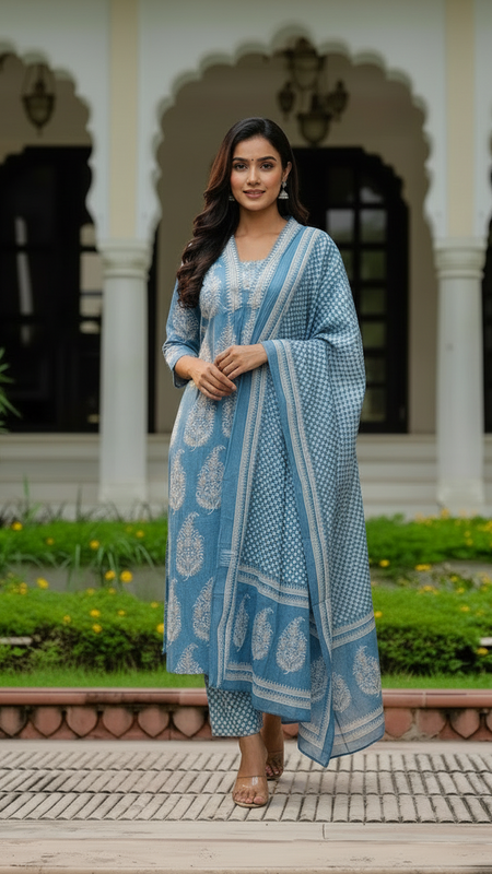 Ebbani Women’s Cotton Floral Sky Blue Kurta Set with Dupatta