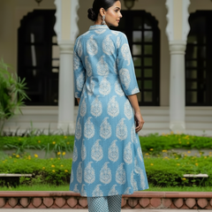 Ebbani Women’s Cotton Floral Sky Blue Kurta Set with Dupatta