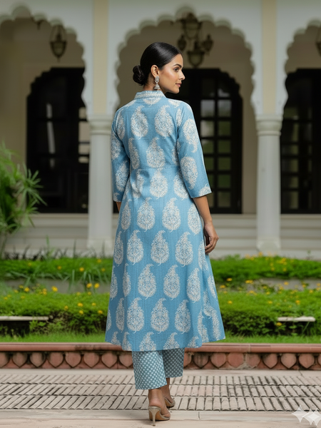 Ebbani Women’s Cotton Floral Sky Blue Kurta Set with Dupatta