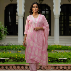 Ebbani Women’s Cotton Floral Baby Pink Kurta Set with Dupatta