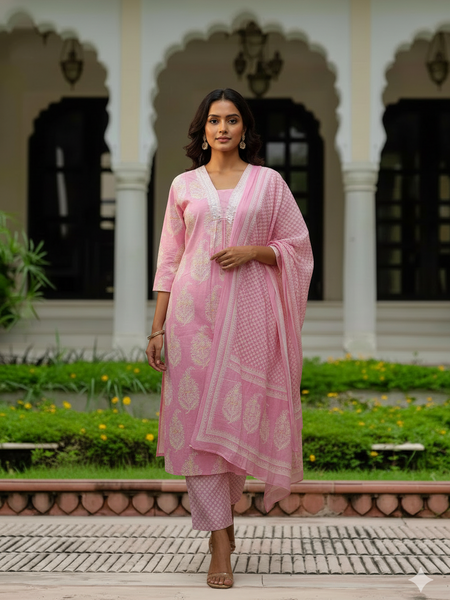 Ebbani Women’s Cotton Floral Baby Pink Kurta Set with Dupatta