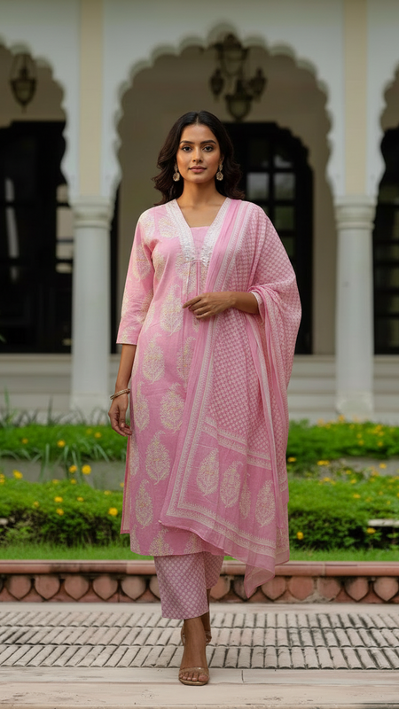 Ebbani Women’s Cotton Floral Baby Pink Kurta Set with Dupatta