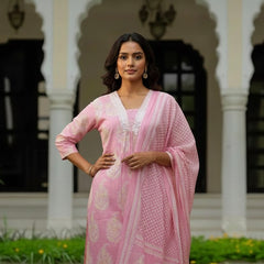 Ebbani Women’s Cotton Floral Baby Pink Kurta Set with Dupatta