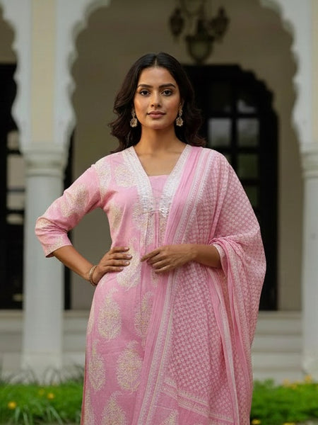 Ebbani Women’s Cotton Floral Baby Pink Kurta Set with Dupatta
