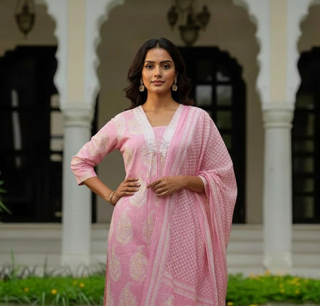 Ebbani Women’s Cotton Floral Baby Pink Kurta Set with Dupatta