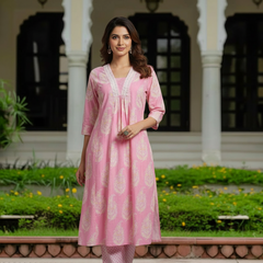 Ebbani Women’s Cotton Floral Baby Pink Kurta Set with Dupatta