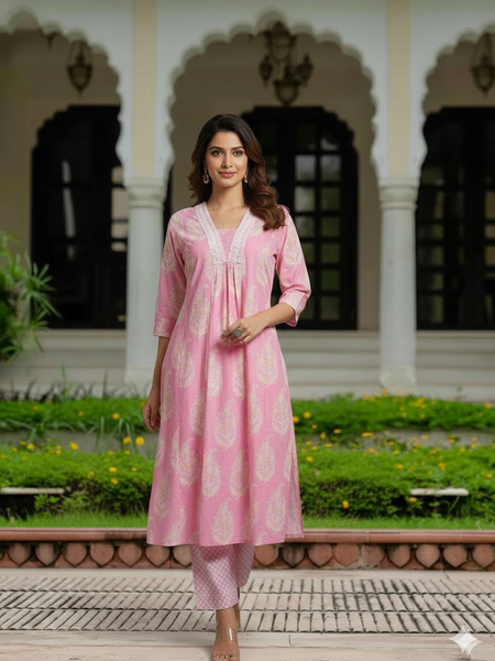 Ebbani Women’s Cotton Floral Baby Pink Kurta Set with Dupatta