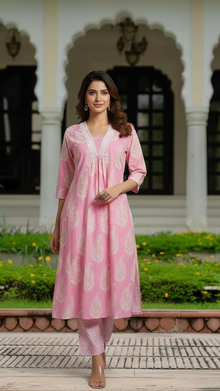 Ebbani Women’s Cotton Floral Baby Pink Kurta Set with Dupatta