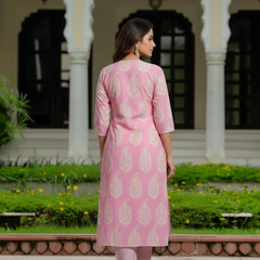 Ebbani Women’s Cotton Floral Baby Pink Kurta Set with Dupatta