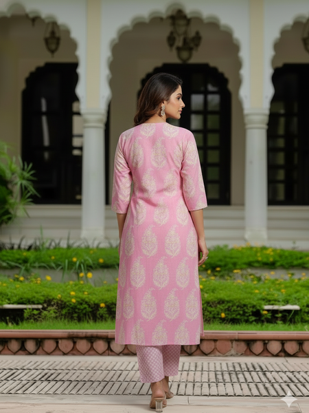 Ebbani Women’s Cotton Floral Baby Pink Kurta Set with Dupatta