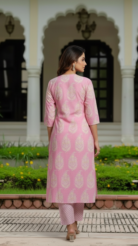 Ebbani Women’s Cotton Floral Baby Pink Kurta Set with Dupatta