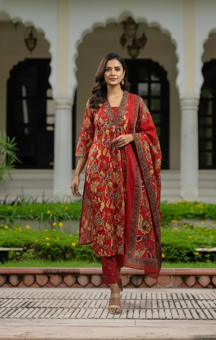Ebbani Women’s Cotton Floral Red A-Line Kurta Set with Dupatta