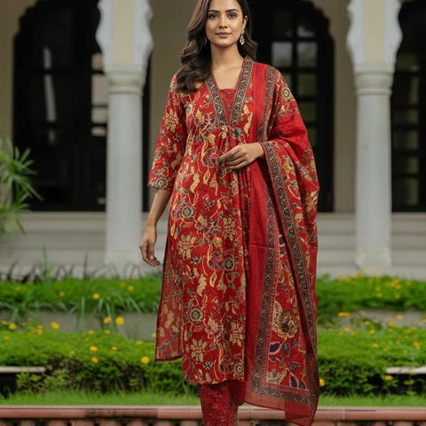 Ebbani Women’s Cotton Floral Red A-Line Kurta Set with Dupatta