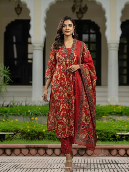 Ebbani Women’s Cotton Floral Red A-Line Kurta Set with Dupatta