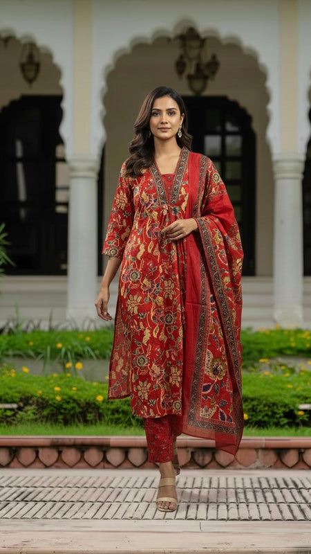 Ebbani Women’s Cotton Floral Red A-Line Kurta Set with Dupatta