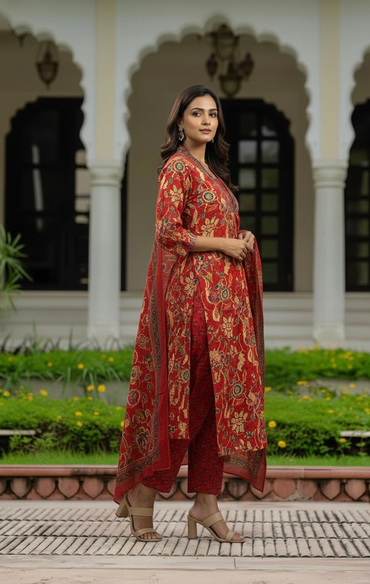 Ebbani Women’s Cotton Floral Red A-Line Kurta Set with Dupatta