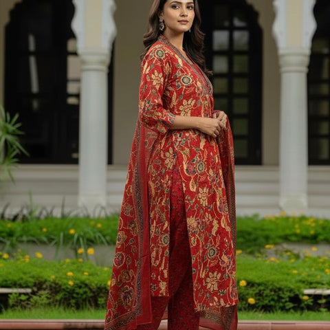 Ebbani Women’s Cotton Floral Red A-Line Kurta Set with Dupatta