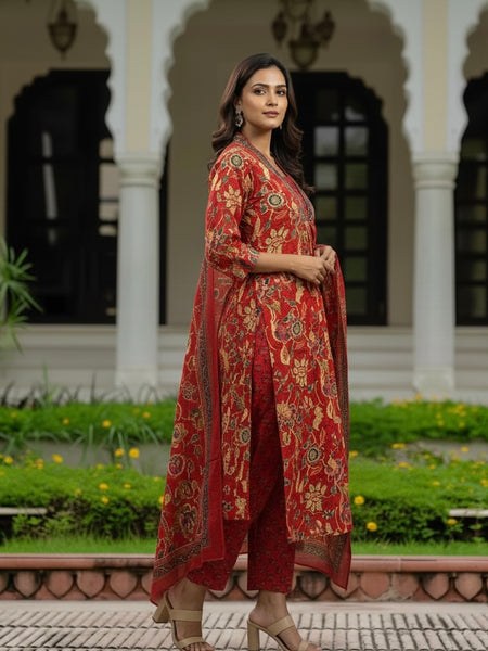 Ebbani Women’s Cotton Floral Red A-Line Kurta Set with Dupatta