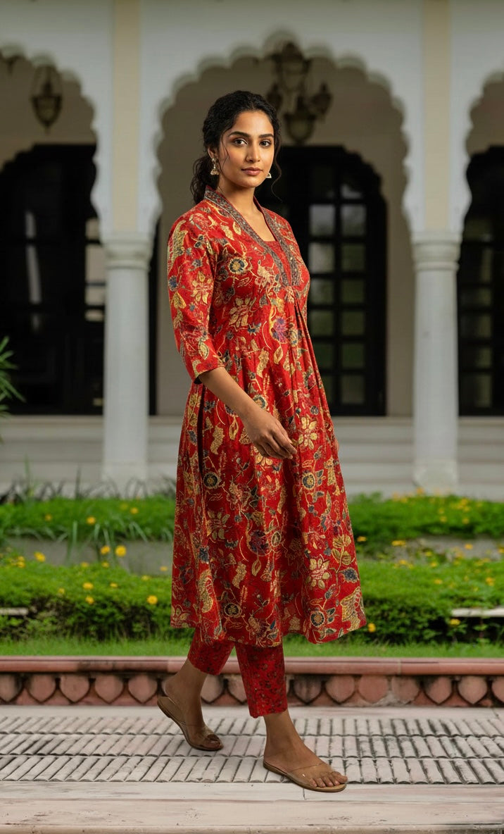 Ebbani Women’s Cotton Floral Red A-Line Kurta Set with Dupatta