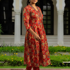 Ebbani Women’s Cotton Floral Red A-Line Kurta Set with Dupatta