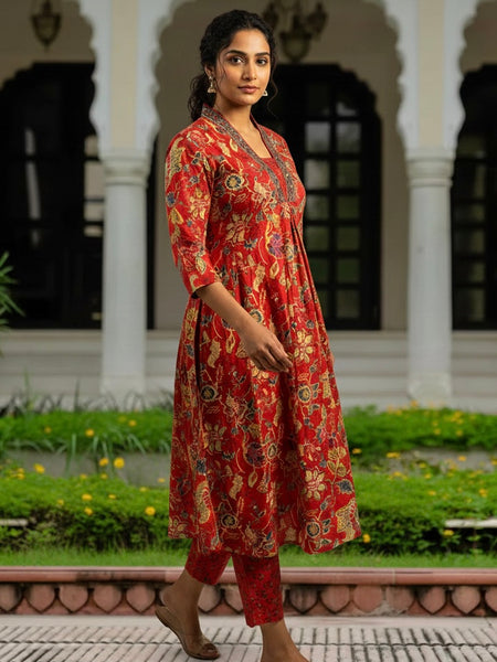 Ebbani Women’s Cotton Floral Red A-Line Kurta Set with Dupatta