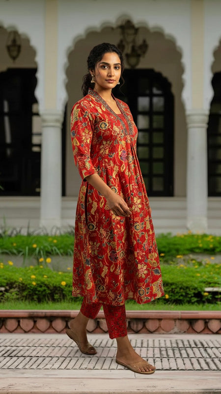 Ebbani Women’s Cotton Floral Red A-Line Kurta Set with Dupatta