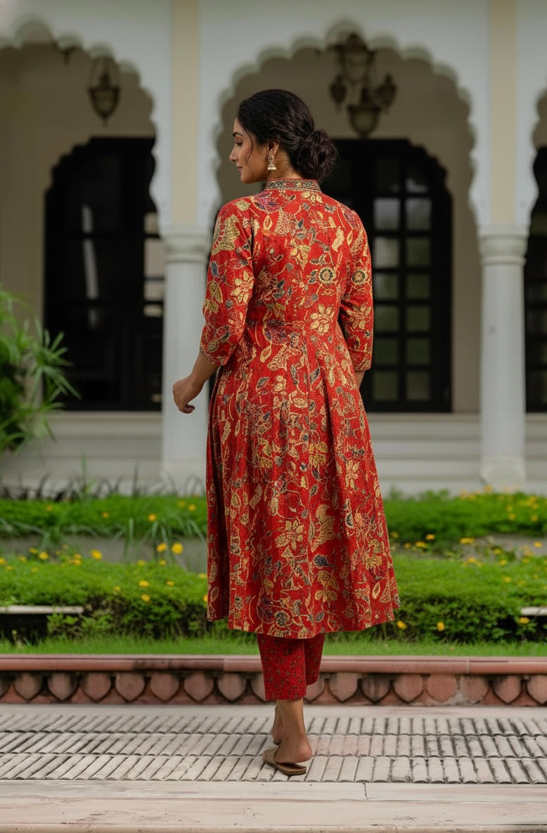 Ebbani Women’s Cotton Floral Red A-Line Kurta Set with Dupatta