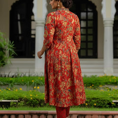 Ebbani Women’s Cotton Floral Red A-Line Kurta Set with Dupatta