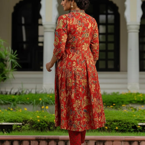 Ebbani Women’s Cotton Floral Red A-Line Kurta Set with Dupatta