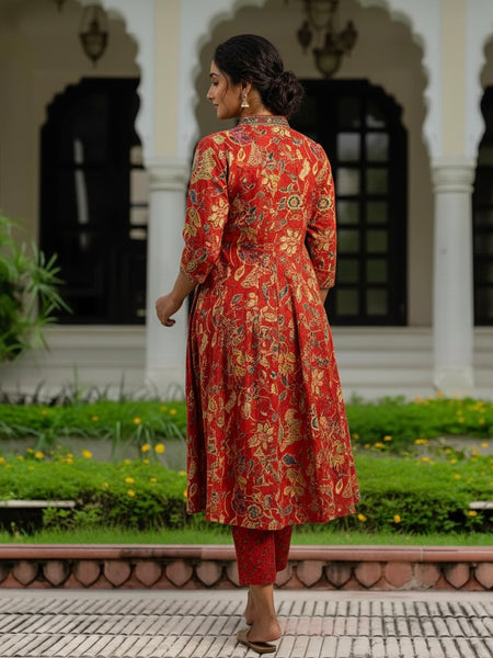 Ebbani Women’s Cotton Floral Red A-Line Kurta Set with Dupatta