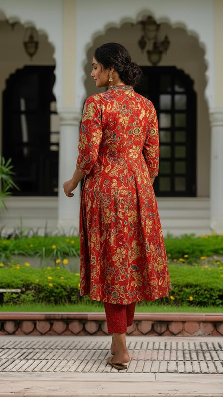 Ebbani Women’s Cotton Floral Red A-Line Kurta Set with Dupatta