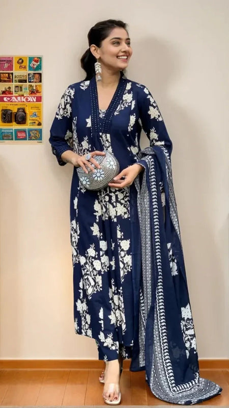 Ebbani Women’s Cotton Motifs Navy Blue A-Line Kurta Set with Dupatta