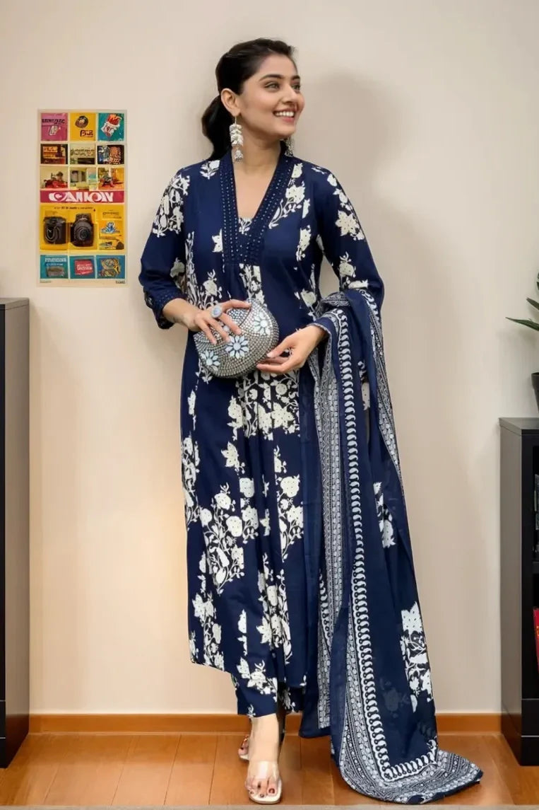 Ebbani Women’s Cotton Motifs Navy Blue A-Line Kurta Set with Dupatta