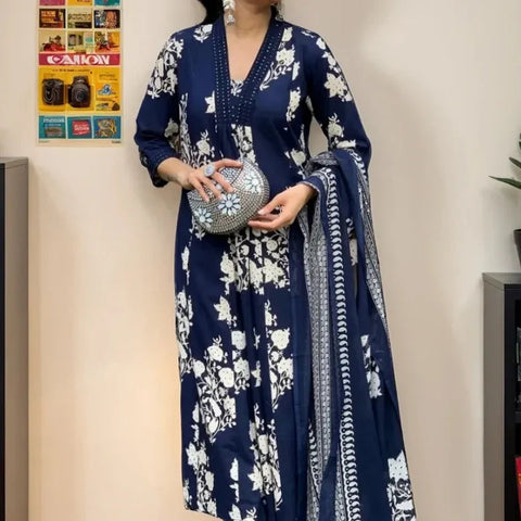 Ebbani Women’s Cotton Motifs Navy Blue A-Line Kurta Set with Dupatta