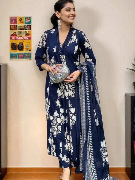 Ebbani Women’s Cotton Motifs Navy Blue A-Line Kurta Set with Dupatta