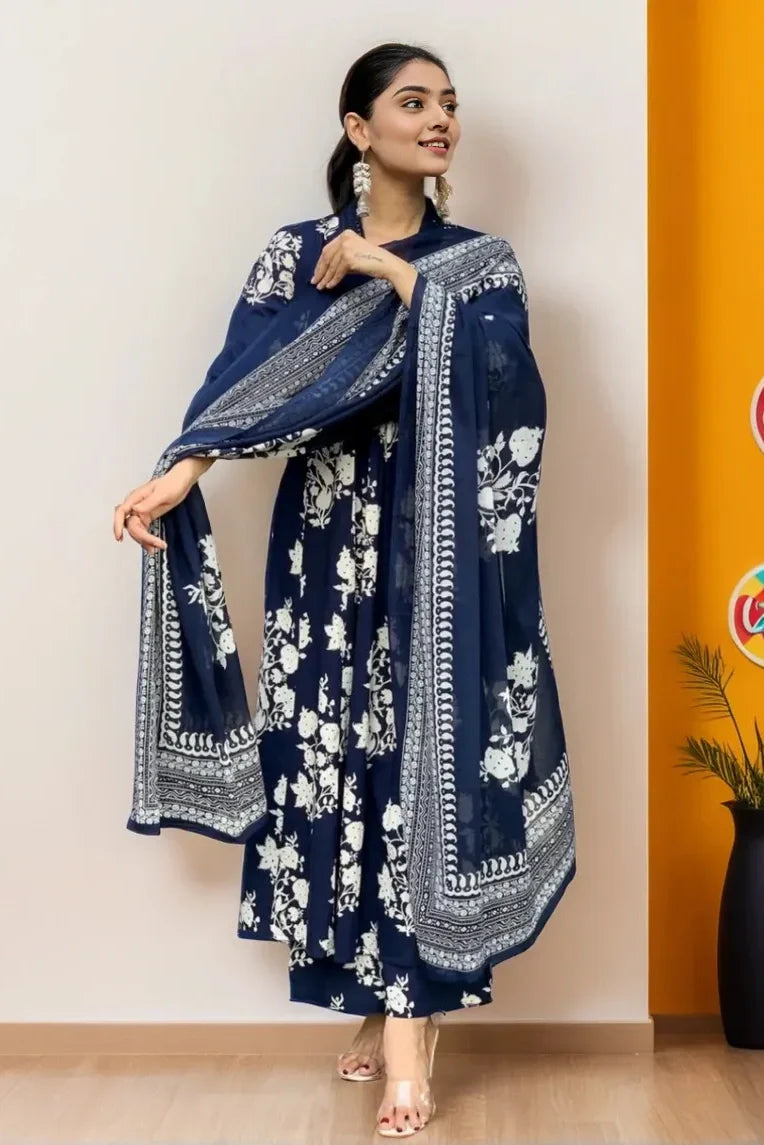 Ebbani Women’s Cotton Motifs Navy Blue A-Line Kurta Set with Dupatta
