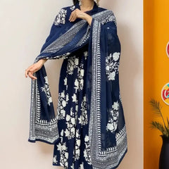 Ebbani Women’s Cotton Motifs Navy Blue A-Line Kurta Set with Dupatta