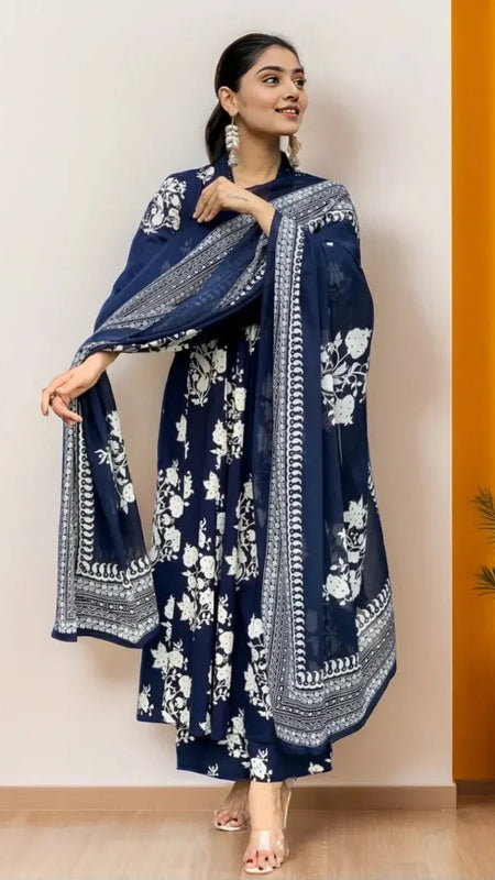 Ebbani Women’s Cotton Motifs Navy Blue A-Line Kurta Set with Dupatta