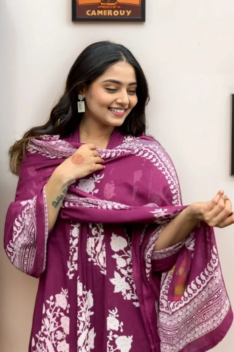 Ebbani Women’s Cotton Motifs Wine A-Line Kurta Set with Dupatta