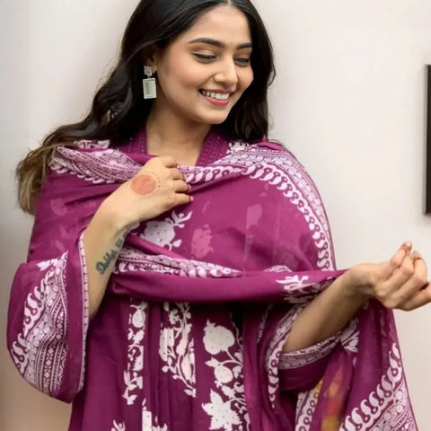 Ebbani Women’s Cotton Motifs Wine A-Line Kurta Set with Dupatta