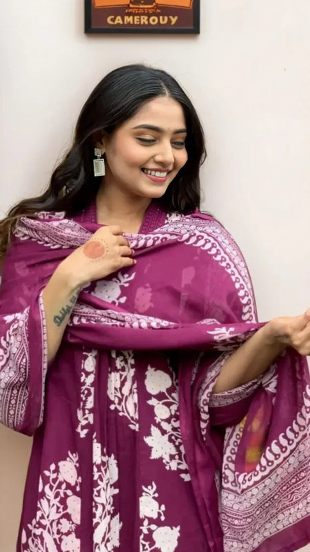 Ebbani Women’s Cotton Motifs Wine A-Line Kurta Set with Dupatta