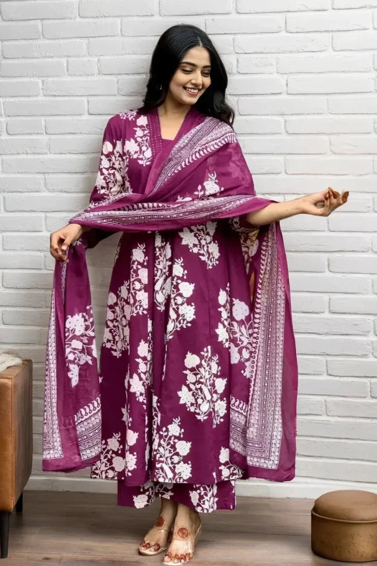 Ebbani Women’s Cotton Motifs Wine A-Line Kurta Set with Dupatta