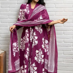 Ebbani Women’s Cotton Motifs Wine A-Line Kurta Set with Dupatta