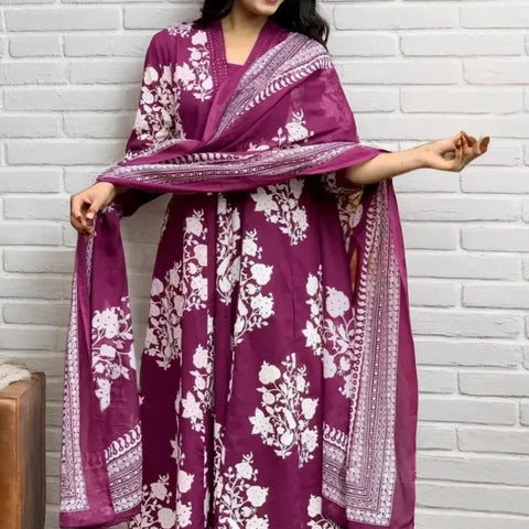 Ebbani Women’s Cotton Motifs Wine A-Line Kurta Set with Dupatta