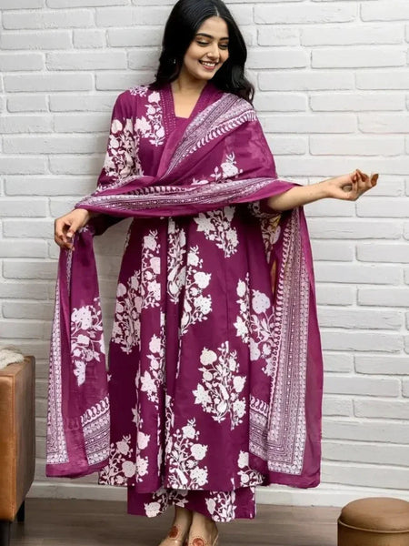 Ebbani Women’s Cotton Motifs Wine A-Line Kurta Set with Dupatta